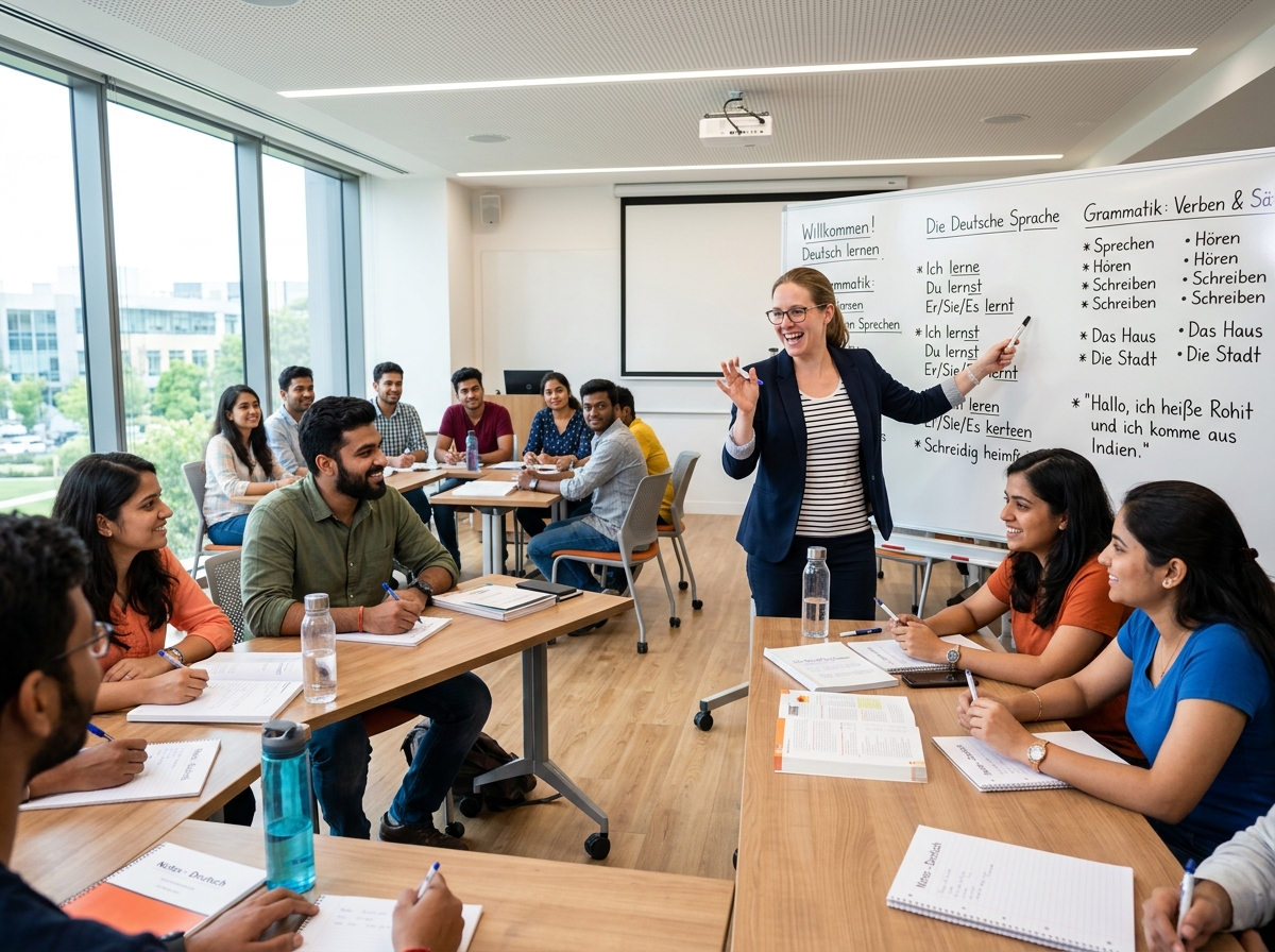 Students learning German with a teacher